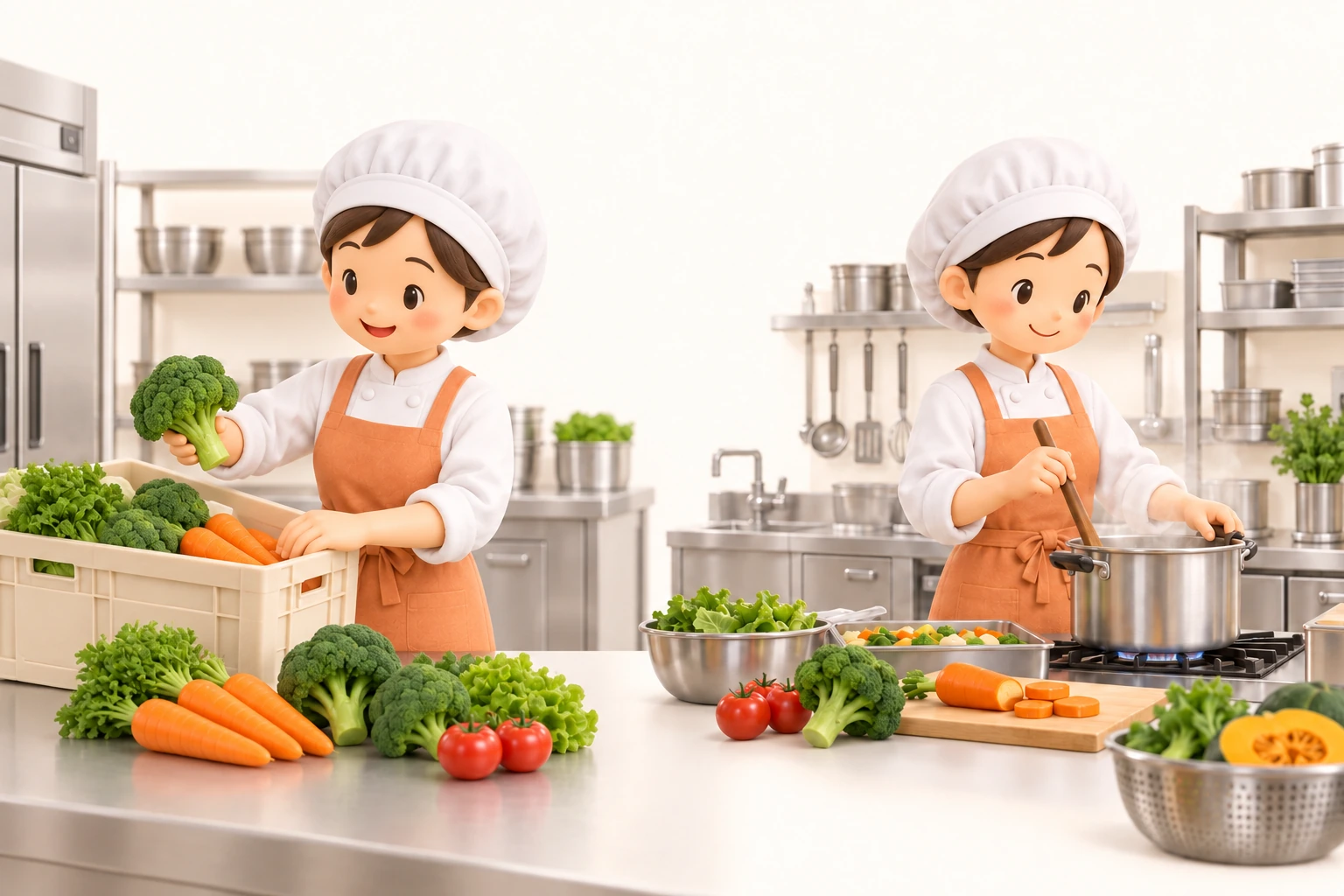 届いた食材を整理し、園内の厨房で給食をつくる調理師のイラスト