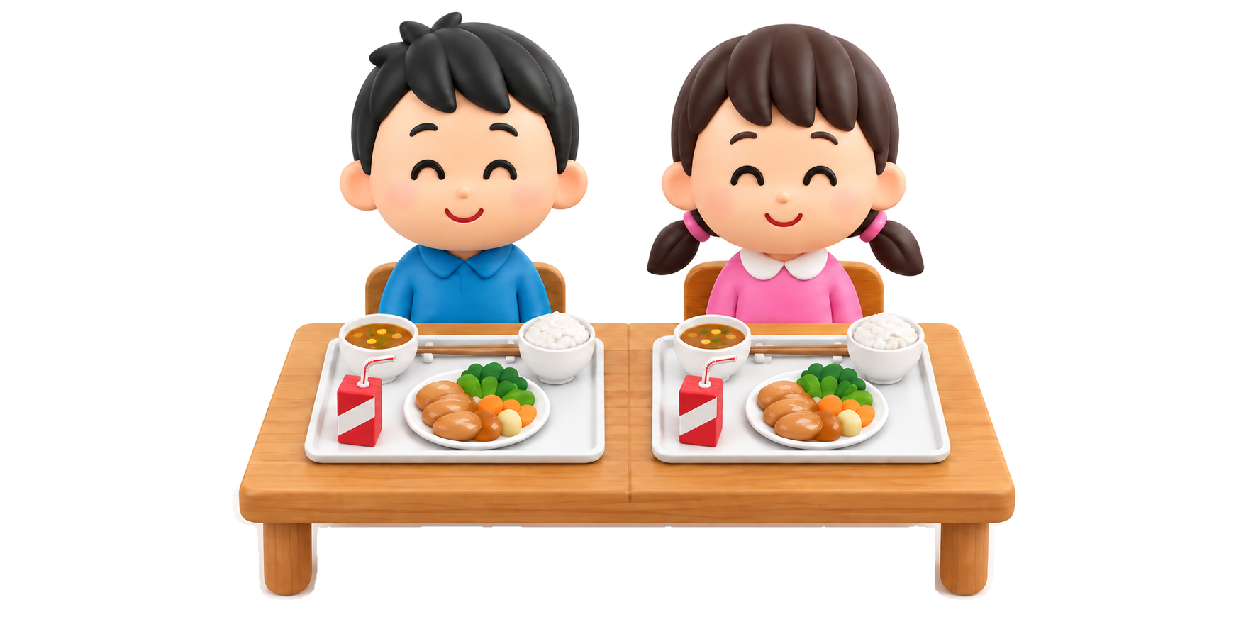 お友だちと一緒に給食を楽しむ子どもたちのイラスト